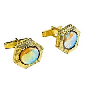 Unique Vintage Cufflinks 1970’s Goldtone & Reflecting Center Stones Hexagon Chic